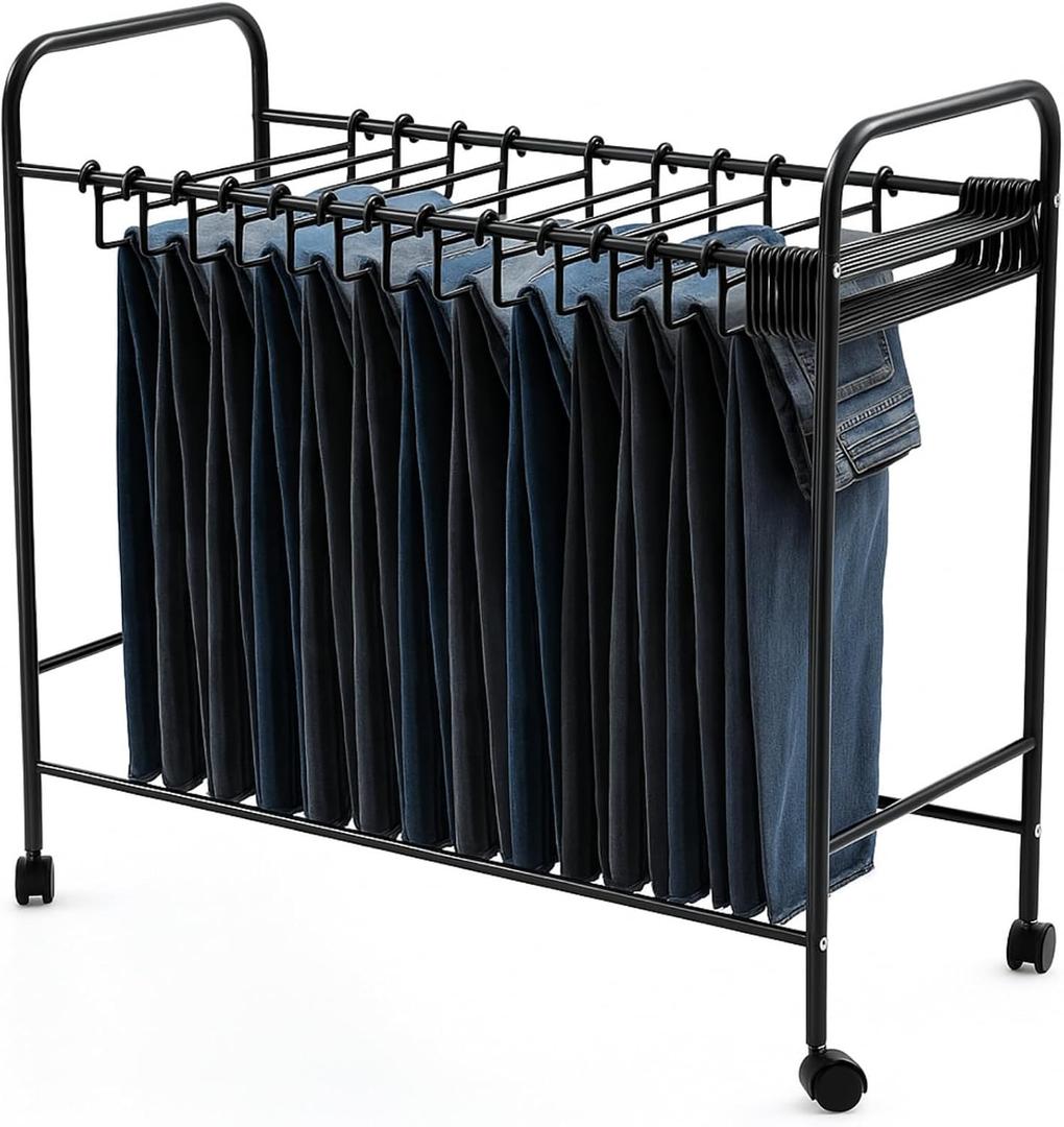 Pants Rack Trolley, Rolling Trolley with 30 Pants Hangers and Storage Shelf, Pull Out Pant Rack for Closet - Space Saving Organizer for Jeans Scarves Trousers, 30" x 30" x 13.5"(Black)