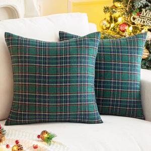 AQOTHES Pack of 2 Christmas Plaid Decorative Throw Pillow Covers Scottish Tartan Cushion Case for Farmhouse Home Holiday Decor Green and Blue, 20 x 20 Inches