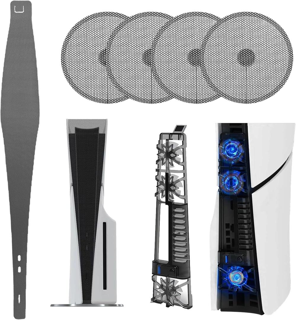 Dust Cover for PS5 Slim, Fan Filter, RGB Light Cooling Fan, Heatsink, Pets Hair Anti-dust Cover Dustproof for PlayStation 5 Slim Optical Drive/Digital Version Accessories Kit (Black kit 1)