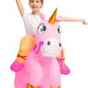 Spooktacular Creations Kids Inflatable Halloween Costume, Riding a Unicorn, Colorful Air Blow-up Set with Hat Hallowen Party (Medium, Pink)