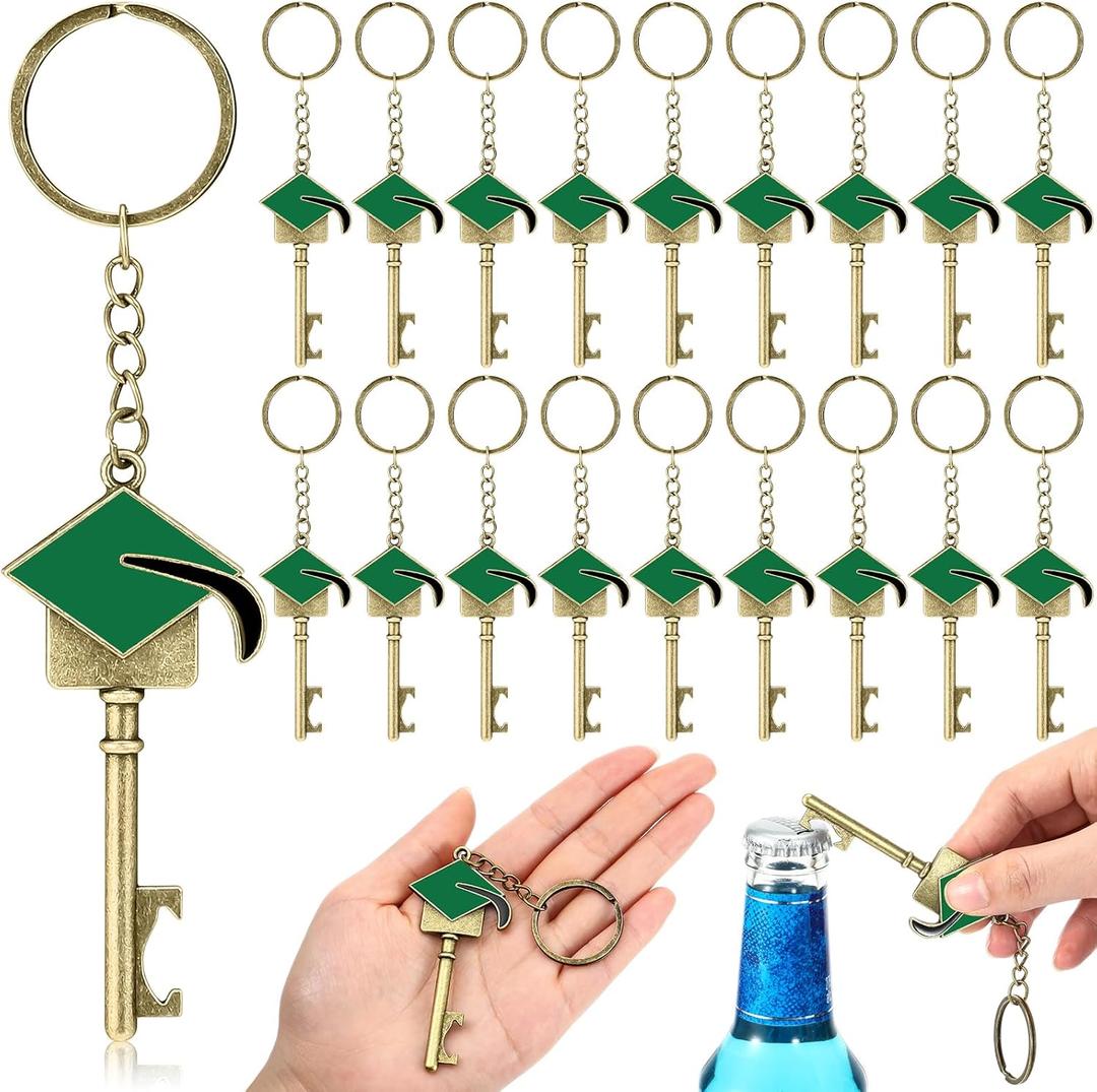 24 Pcs Graduation Party Favor for Guest 2025 Graduation Keychain Bronze Cap Bottle Opener Class of 2025 College Celebration Party Supplies(Green)