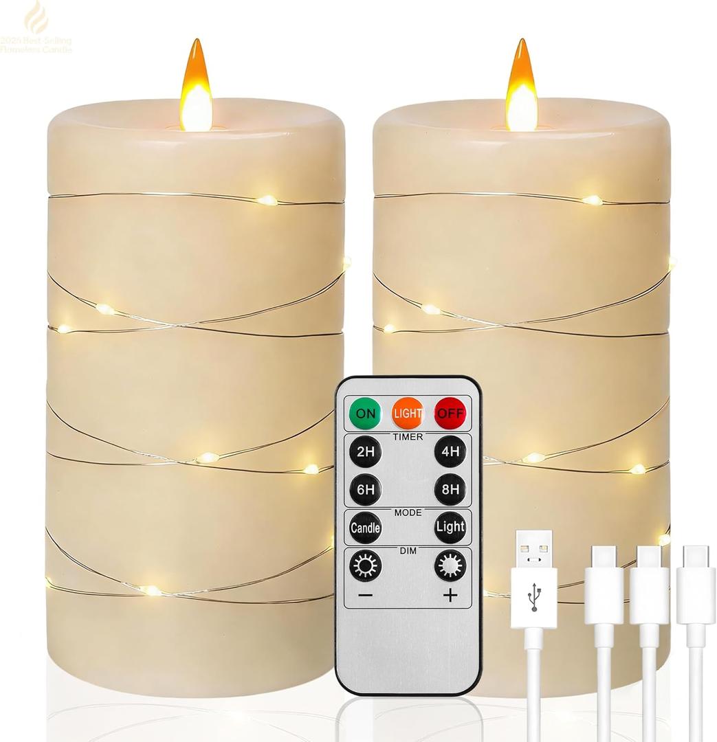 Rechargeable Flameless Candles, LED Candles, Candles with Remote and Timers, Real Wax Pillar Candles, with Flickering Embedded Star String,Ivory White, Set of 2