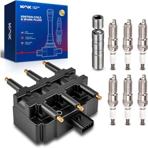 KAX Ignition Coil and 6Pcs Iridium Spark Plugs Kit w/Magnetic Socket for 2001-2010 Grand Caravan, Town & Country, Caravan 3.3L 2007-2011 Wrangler 2001-2003 Voyager, Replace#UF305, 3381