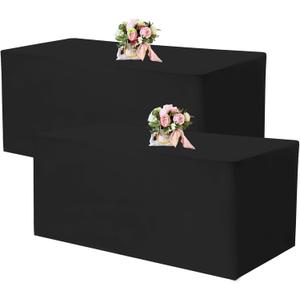 Fivenl 2 Pack Fitted Tablecloths 72 x 30 Inch, Black Rectangle Table Clothes for 6 Foot Tables, Washable Polyester Fabric Table Cover for Parties, Wedding, Banquet, Trade Show