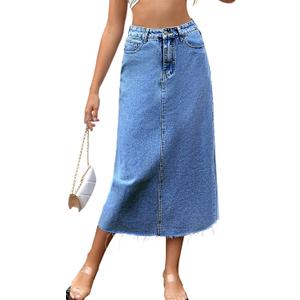 MISS MOLY Women's Jean Skirt Stretch High Waisted Frayed Raw Hem A Line Denim Midi Skirt with Pockets (Blue) XL