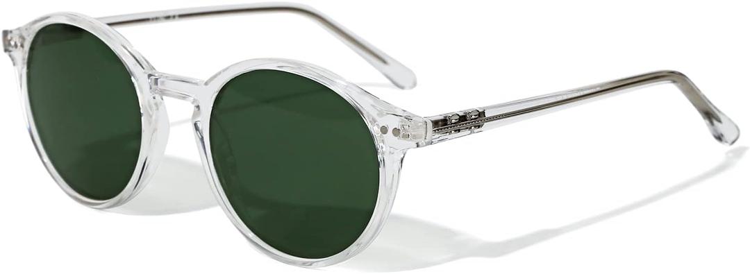 TIJN Vintage Small Round Sunglasses for Women Men,Stylish Polarized UV400 Colored Lens,Tinted Sun Glasses,Classic Sunnies (01.transparent Frame / Green Lens)
