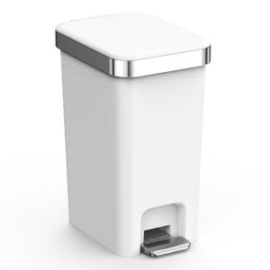Slim Bathroom Trash Can With Lid, 2.6 Gallon /10 Liter Small Wastebasket, Press Top Bin & Step Metal Pedal Trash Bin, Mini Plastic Garbage Cans for Bedroom, Office, Kitchen, Dorm (Grayish-White)