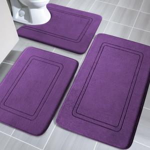YIHOUSE Memory Foam Bath Mat Set, Bathroom Rugs Sets 3 Pieces, Non Slip Bath Mats for Bathroom, Super Soft and Water Absorbent Bath Rug Set, Machine Washable U Shape Toilet Rug,Purple