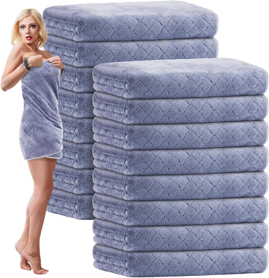 16 Pack Microfiber Bath Towels Bulk 27'' x 60'' Oversized Size Bath Towel Highly Absorbent Extra Large Soft Drying for Shower Beach Winter Salon Sport Gym Party (Diamond,Light Grey) (Haze Blue)