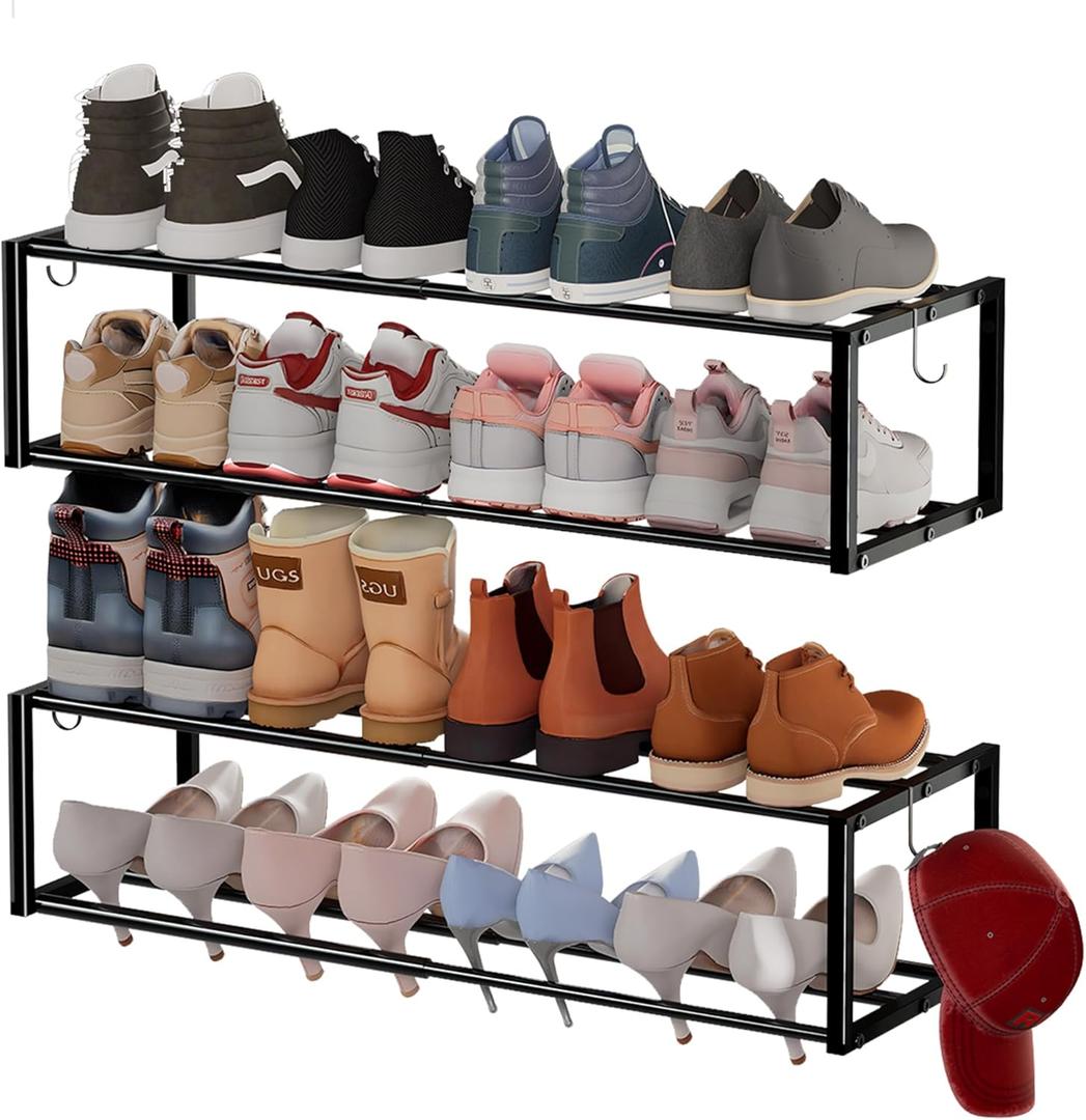 2 Pack Expandable Wall Mounted Shoe Rack, 17"-31" Adjustable Hanging Shoe Rack Holds 16 Pairs, Heavy Duty Metal Shoe Holder with 4 Storage Hooks, Space Saving for Entryway Closet DoorwayBlack