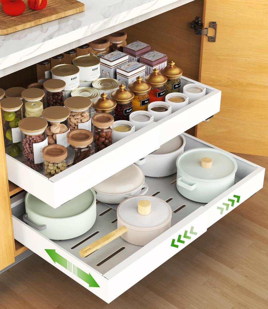 Pull out Cabinet Organizer, Expandable(12.2"-20.5") Heavy Duty Slide Out Drawers, Fixed with Adhesive Nano Film or Screw, Roll out Shelf Storage for Kitchen Base Cabinet Organization(16.5''Deep)