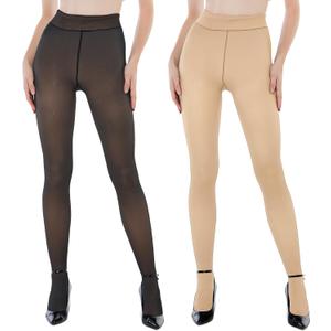 EXQUISLIFE Fleece Lined Tights Sheer Women - Fake Translucent Warm Pantyhose Leggings Sheer Thick Tights, for Winter (Large, Black+beige)