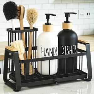 Kitchen Dish Soap Farmhouse Dispenser Set with Sink Caddy, 16OZ Glass Bottle, Hand and Dish Soap Dispenser Set, Non-Slip Silicone Pad, Brush Holder, Black and White