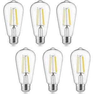 Vintage LED Edison Bulbs, 6W, Equivalent 60W, High Brightness Cool White 4000K, ST58 Antique LED Filament Bulbs with 90+ CRI, E26 Medium Base, Dimmable, Clear Glass, Pack of 6