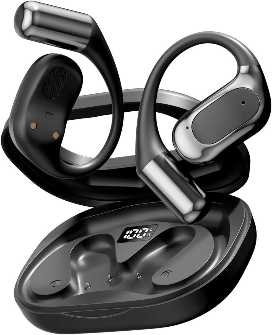 Open Ear Headphones Bluetooth Wireless Over Ear Earbuds with Ergonomic Earhook Ear Buds, Led Power Display,48h PlaytimeIpx6 Waterproof Comfortable for WorkoutCyclingRunning (Black)