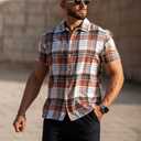 COOFANDY Mens Button Up Shirts Short Sleeve Collared Button Down Shirt Men Checkered Shirt Orange