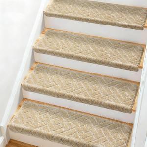 Bullnose Carpet Stair Treads 7 Pieces, 30"x9.5" Carpet Stair Treads for Wooden Steps Indoor with Bullnose Edge, Reusable Peel and Stick Non-Slip Carpet Stair Treads with Nosing, Beige Stripe Pattern
