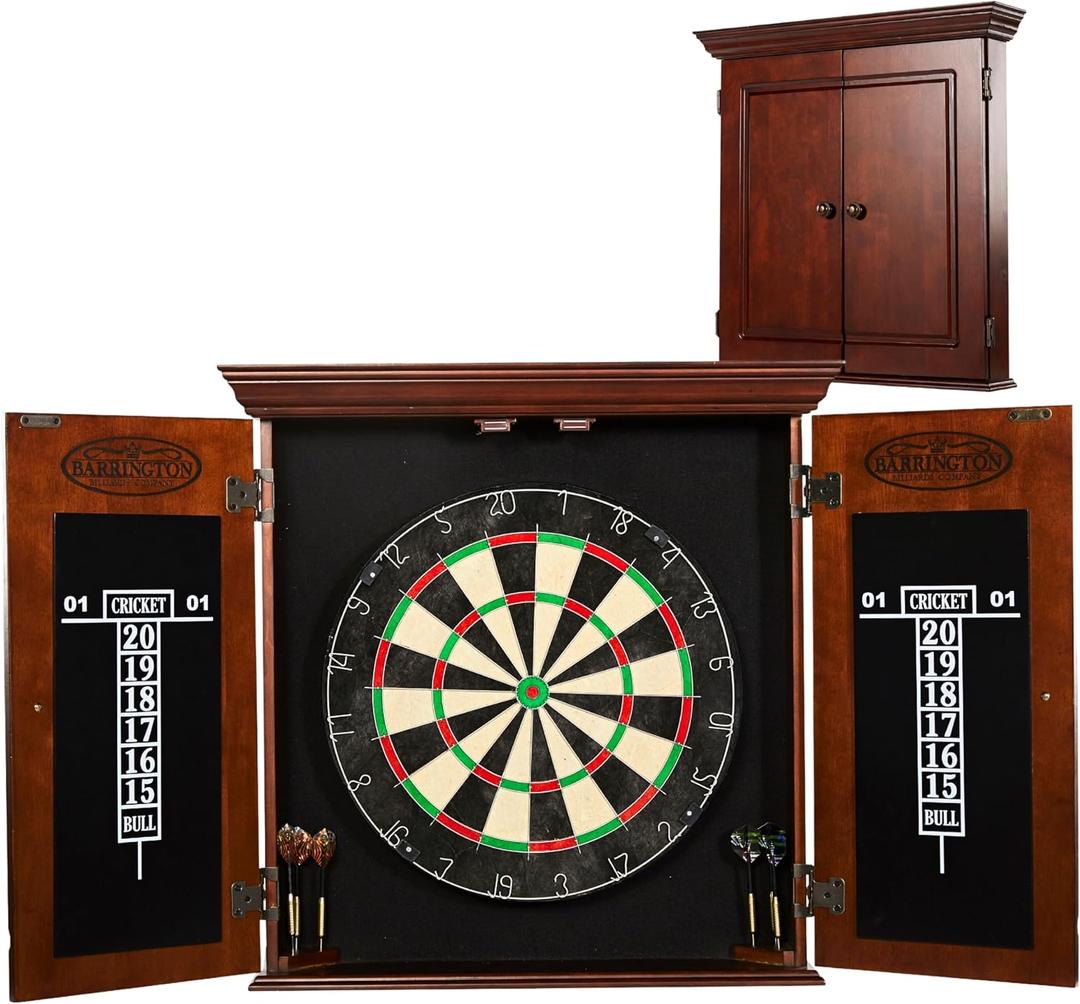 Barrington Dartboard Multiple Styles Pre-Assembled Wood Dartboard Cabinet Collection with 18 Bristle Dartboard & Steel Tip Dart Set, Perfect for Cricket Games