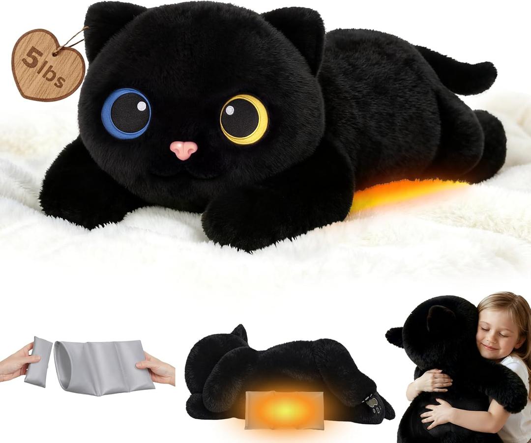 Mewaii Weighted Stuffed Animals with Microwavable Heating Pad - 5 lbs Adjustable, Heatable & Coolable Stuffed Animal for Realistic Hug, Removable Inner Pad, Plush Gifts for Kids (Black, 23 Inch)