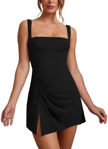 WISFRUIT Women's Sexy Square Neck Mini Dress Sleeveless Bodycon Ruched Split Party Club Short Tank Dresses, Size L