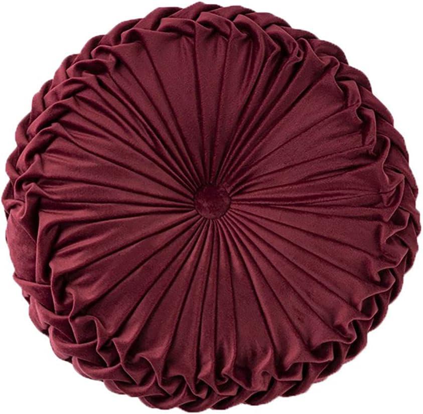 Teieas Round Pillows Velvet Pleated Circle Pillow Chair Cushion Floor Pillows Home Decorations for Home Couch Chair Bed Car Burgundy