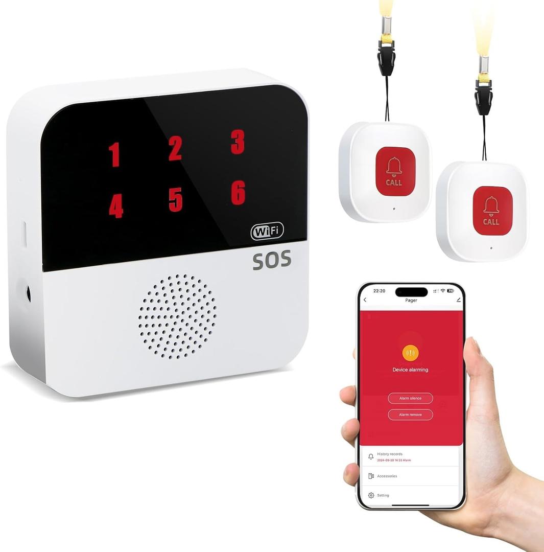 Life Alert Systems for Seniors No Monthly Fee, App-Controlled Caregiver Pager, Medical Alert Systems for Seniors LED Number Display 2Call Button 1Receiver(Only Supports 2.4GHz Wi-Fi)