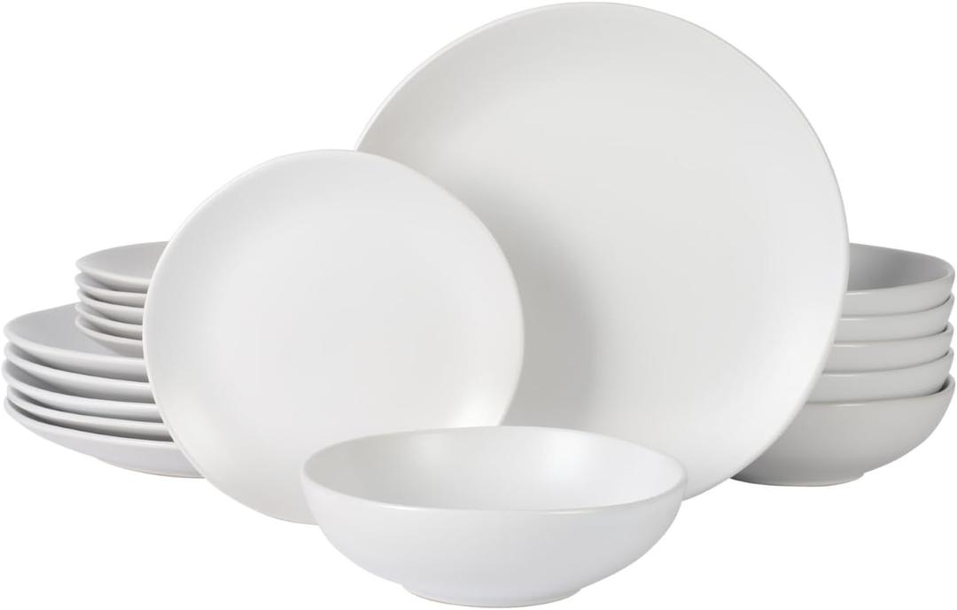 Gibson Home Bethel 18 Piece Plates and Bowls Ceramic Stoneware Organic Shape Dinnerware Set (Service for 6) - Matte White