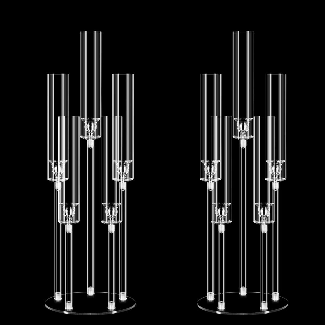 6 Set 26.8'' Tall Acrylic Candelabra Centerpieces for Wedding Table Decorations,Clear 5 Arms Candlesticks Holder with Acrylic Shade for Candlelight Dinner Party Fireplace Gift Fit LED Candle