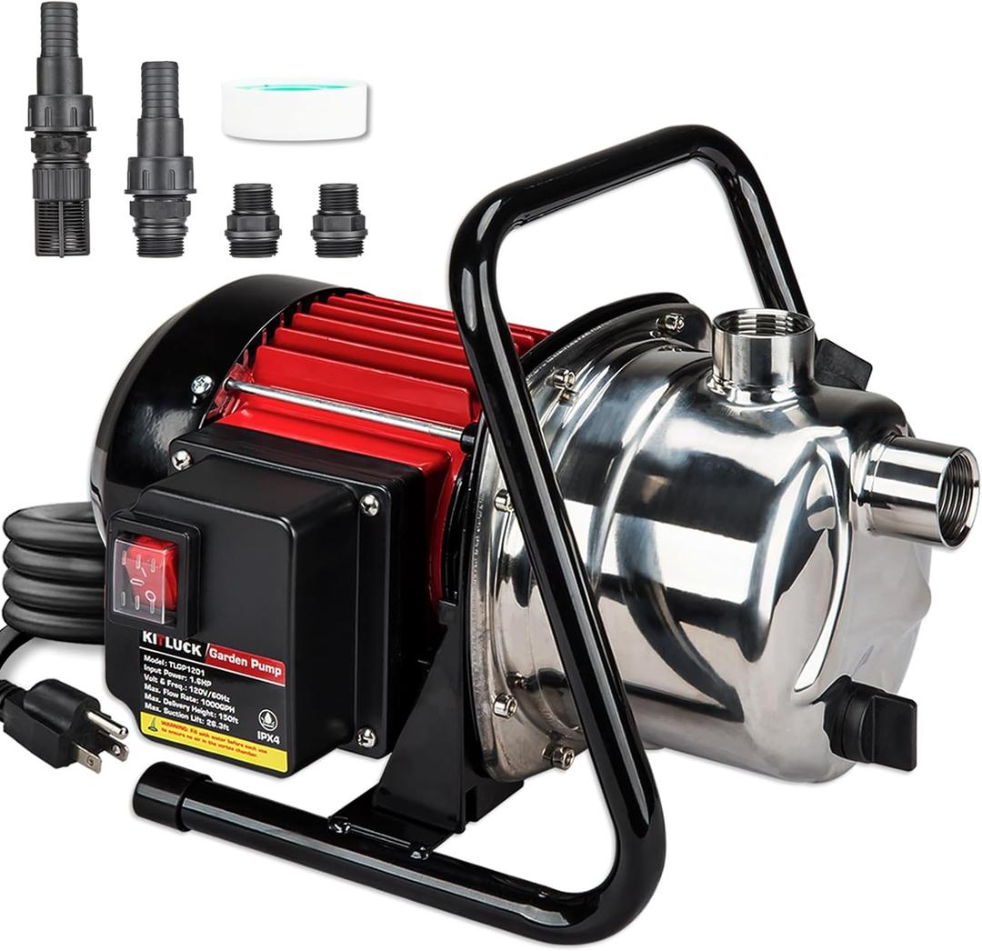 Water Transfer Garden Pump, 1.6 HP 1000GPH Portable Electric Shallow Well Jet Pump, Stainless Steel Sprinkler Pressure Booster Pump for Pool Draining, Lawn Fountain, Irrigation, Water Removal