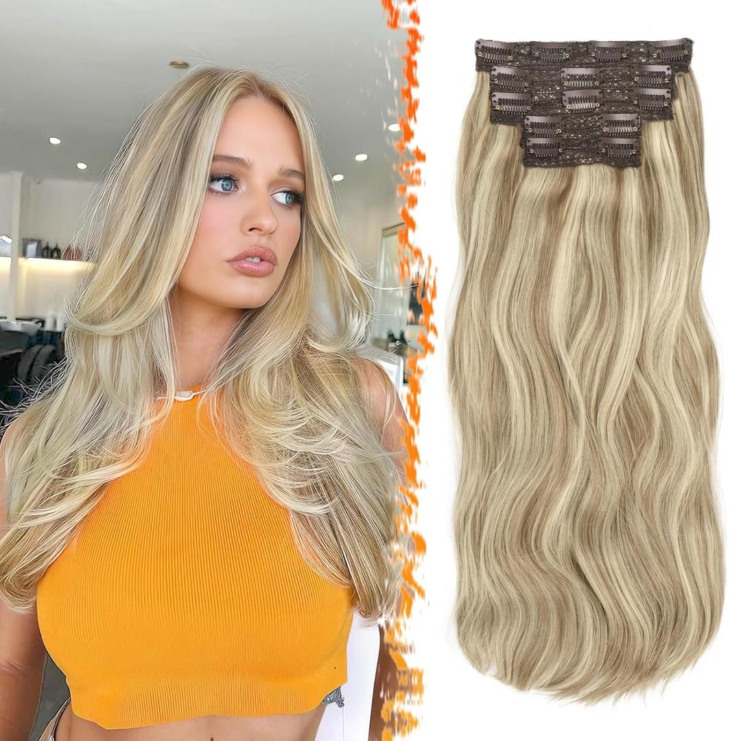 BARSDAR Blonde Wavy Clip in Hair Extensions - 20 Inch Loose Wavy Layered Clip in Hair Extensions for Women, 5 PCS Lace Weft Soft Synthetic Dirty Blonde Balayage Hairpieces Voluminous Easy Wear