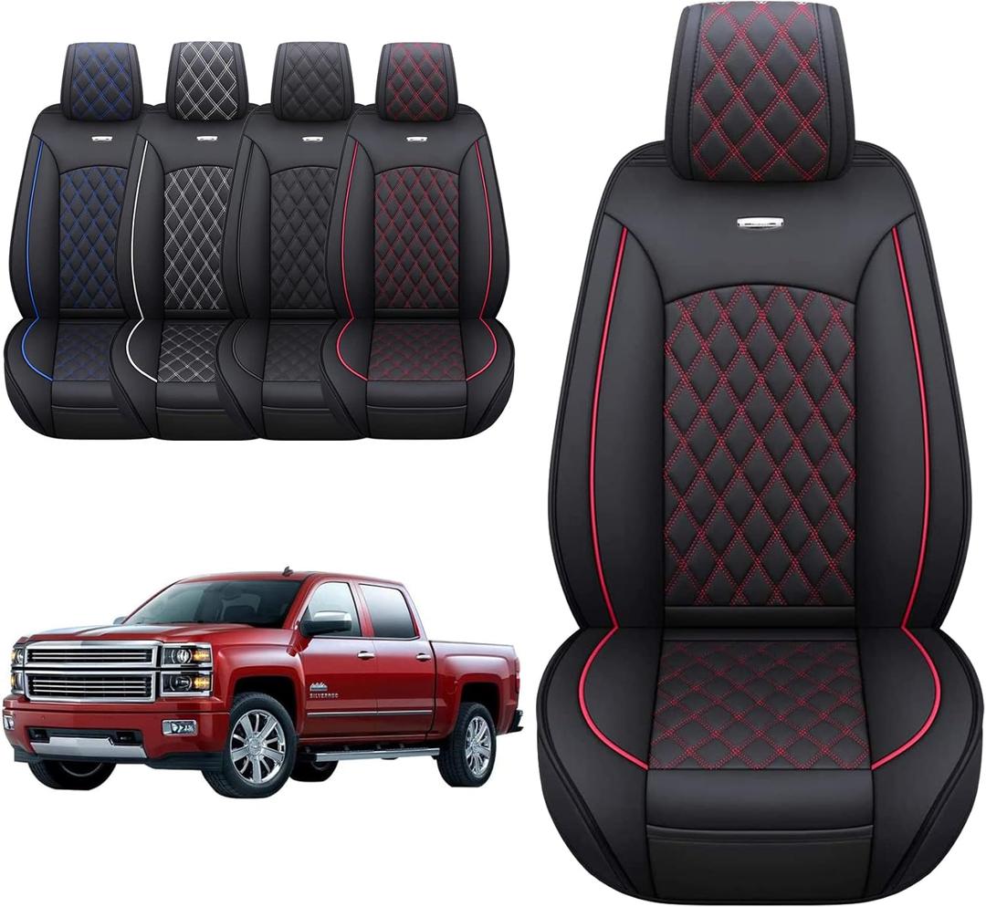 Aierxuan Chevy Chevrolet Silverado GMC Sierra Front Seat Covers Pickup Custom Fit 2007-2025 1500 2500HD 3500HD Crew Double Extended Cab Waterproof Leather Protectors (2 PCS Front, Black-Red)