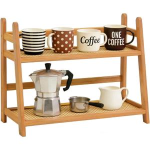 Household 2-Tier Cup Shelf Organizer, Kitchen Counter Shelf for Tea Coffee Bar Accessories, Bamboo Mug Holder Countertop, Matcha Stand, Cup Display, Condiment Storage Rack - Natural