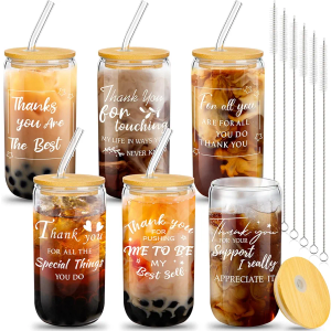 6 Set Employee Appreciation Gifts Thank You Gifts for Staff Coworker Christmas Thank You Glass Cups 16 oz Can Shaped Beer Glass with Lids Straws Brushes for Team(Charming Style)