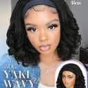 FANCEE Yaki Wavy Headband Wigs for Black Women 14 Inch Black Kinky Straight Wear and Go Wig with Curly Wavy Ends Synthetic Glueless Half Wig with Headbands Attached Blow Out Style Natural Hair Texture
