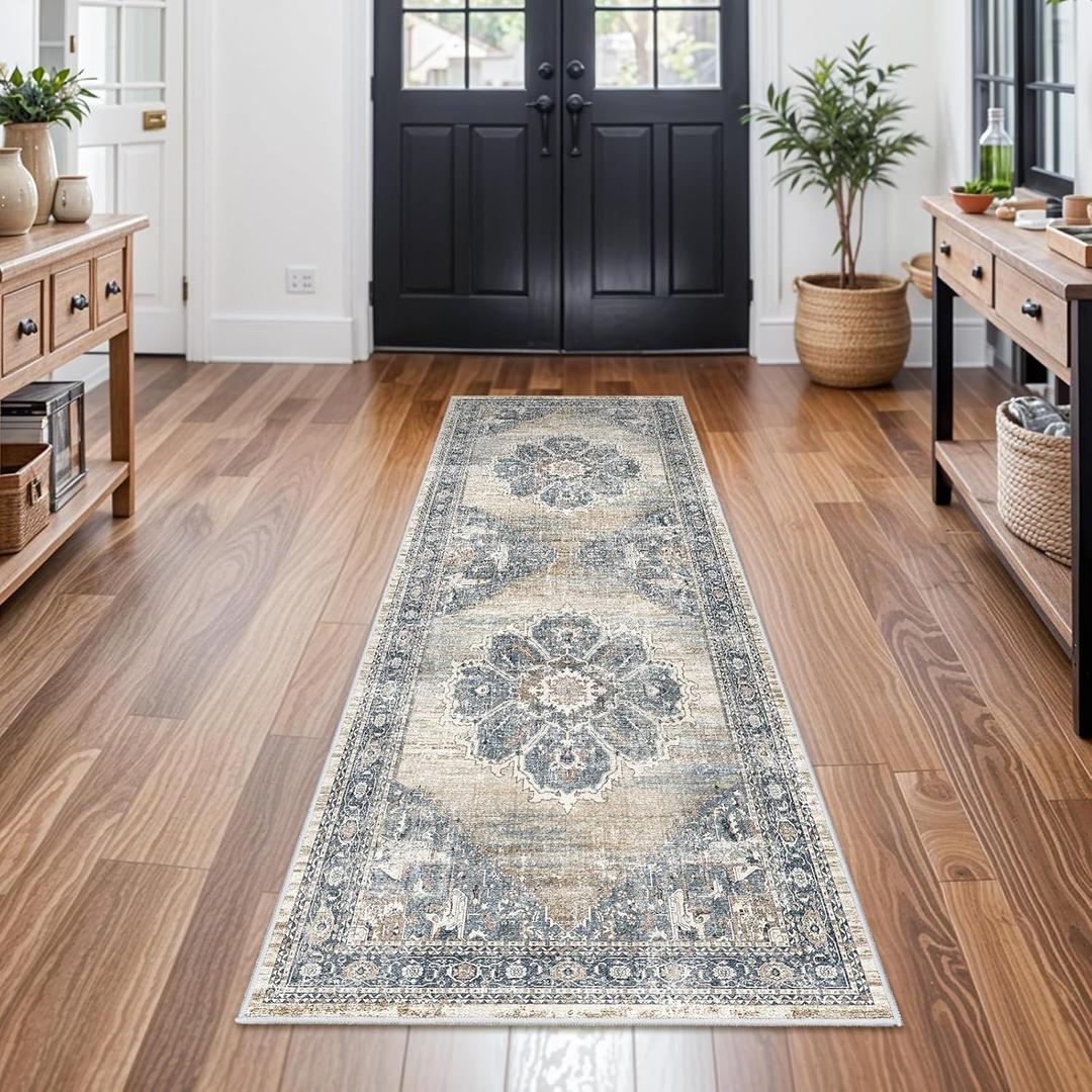 2x6 Hallway Runner Rug Washable: Soft Kitchen Rug Non Slip Runner with Rubber Backing for Living Room Bedroom Bathroom Non Shedding Farmhouse Carpet Runners (Blue, 2X6)