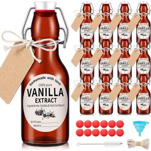 Vesici 12 Sets Swing Top Glass Bottles Set Amber Homemade Vanilla Extract Bottles with Stoppers Stickers Caps Jar Brush Funnel Rope Labels Vanilla Extract Jars for Holiday DIY Crafts (6.6 oz)