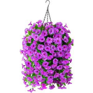 INQCMY Artificial Flowers for Outdoor Spring Summer Decoration Faux Silk Morning Glory Fake Hanging Flowers UV Resistant Look Real for Home Porch (3Pcs Purple Ombre+1 Baske)