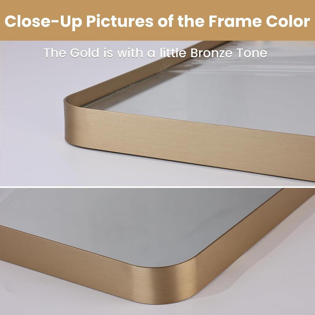 LOAAO 40X30 Gold Bathroom Mirror, Rounded Rectangle Gold Frame Mirror, Brushed Gold Bathroom Vanity Mirror Wall-Mounted, Anti-Rust, Tempered Glass, Hangs Horizontally or Vertically