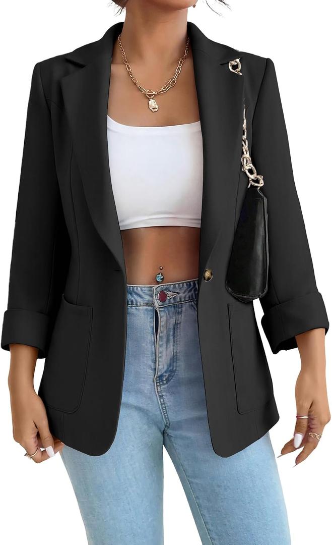 Women Business Blazer Jacket Stretch Lapel Collar Long Sleeve Lapel Pockets Notched Collar Casual Work Office Blazers, Medium