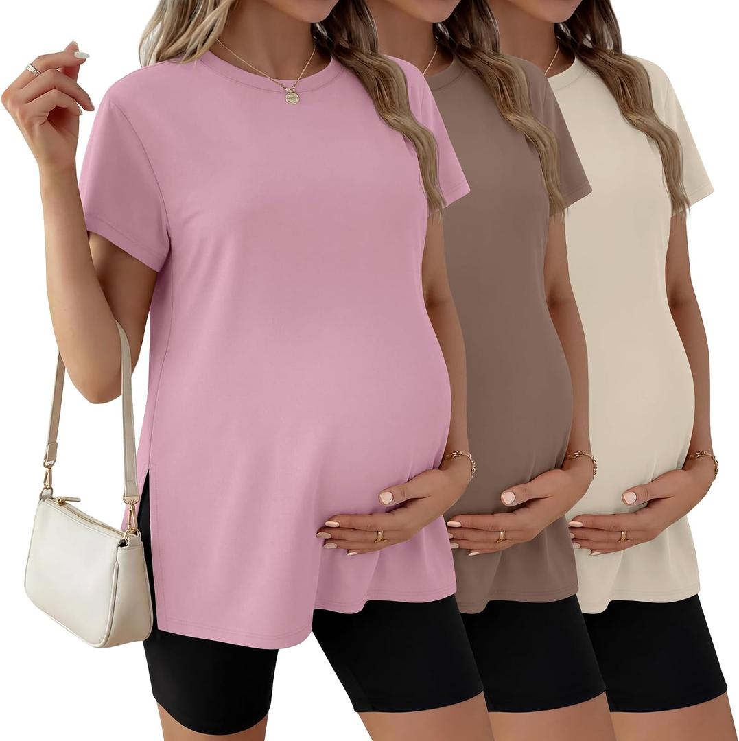 Ficerd 3 Pack Women's Maternity T Shirts, Short Sleeve Side Split Pregnancy Tops Casual Crew Neck Pregnant Tees Mama Clothes (Light Pink, Coffee, Cream, Medium)