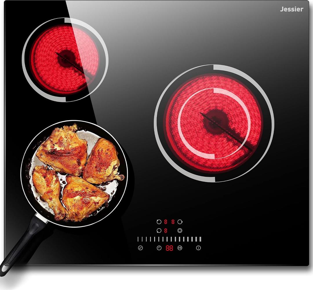 Electric Cooktop 24 Inch - 3 Burner Bulit-in Electric Ceramic Cooktop, Radiant Ceramic Stovetop with 9 Heating Level, Timer, Safety Lock, 5200W 220-240V Hard Wire Sensor Touch Control(No Plug)