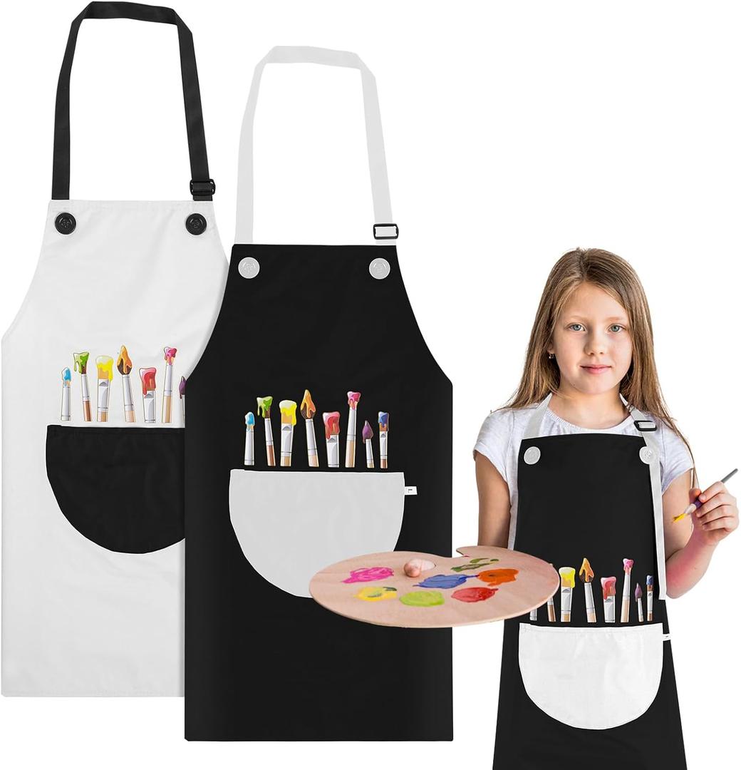 2 Pack Children's Apron, Adjustable Waterproof Art Apron with Pockets, Girls Boys Bib Aprons for Kids Painting Crafting Cooking Baking Art Gardening(Gray and Black)