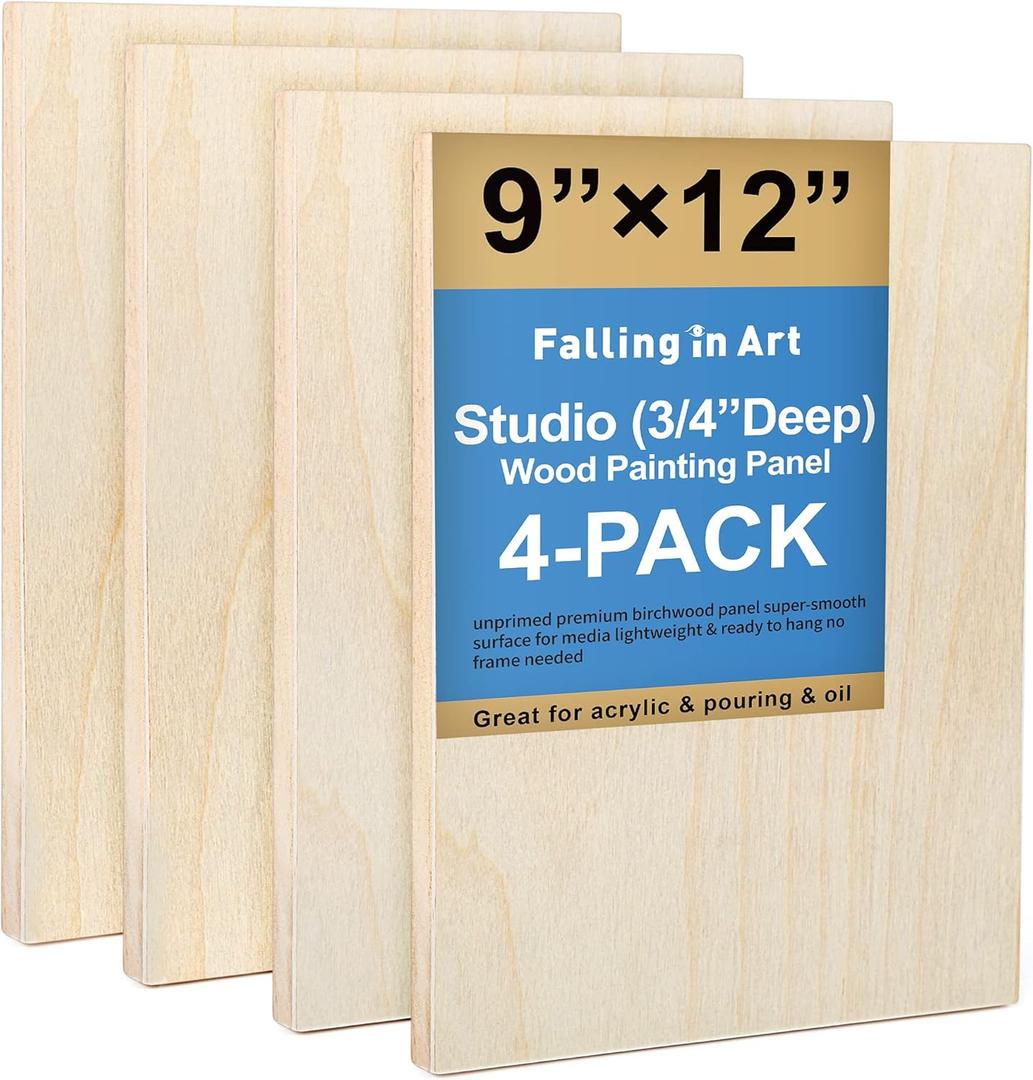 Falling in Art Unfinished Birch Wood Canvas Panels Kit, 4 Pack of 9x12’’ Studio 3/4’’ Deep Cradle Boards for Pouring Art, Crafts, Painting and More