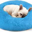 Hoewina Dog & Cat Bed, 20in Cat Beds for Indoor Cats, Calming Donut Bed for Puppy and Kitten, Washable Round Fluffy Pet Bed for Small Medium Dogs and Cats (Light Blue)