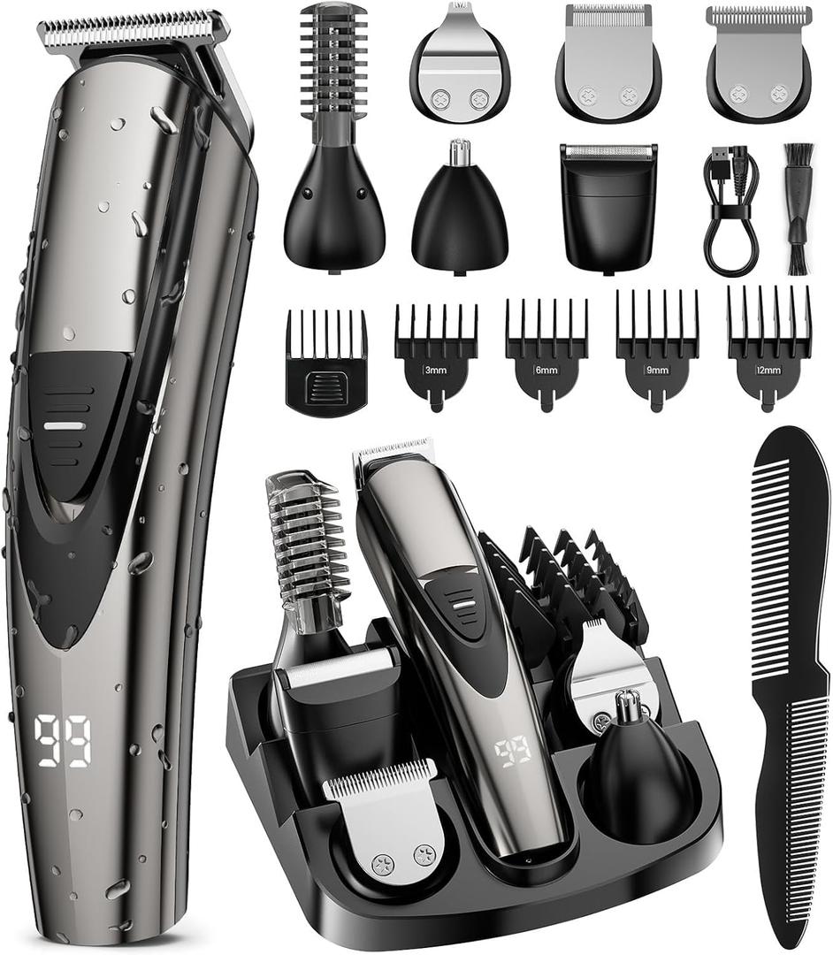 SHPAVVER Beard Trimmer for Men: Professional Barber Hair Clippers - 12-in-1 Cordless Grooming Kit - Waterproof Electric Razor with Turbo Speed & Precision Blades (Grey Black)