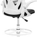 Primy Ergonomic Drafting Chair with Flip-up Armrests Tall Office Chair for Standing Desk Comfortable Desk Chair with Adjustable Footrest Ring and Lumbar Support in Gray Perfect for Home (White)