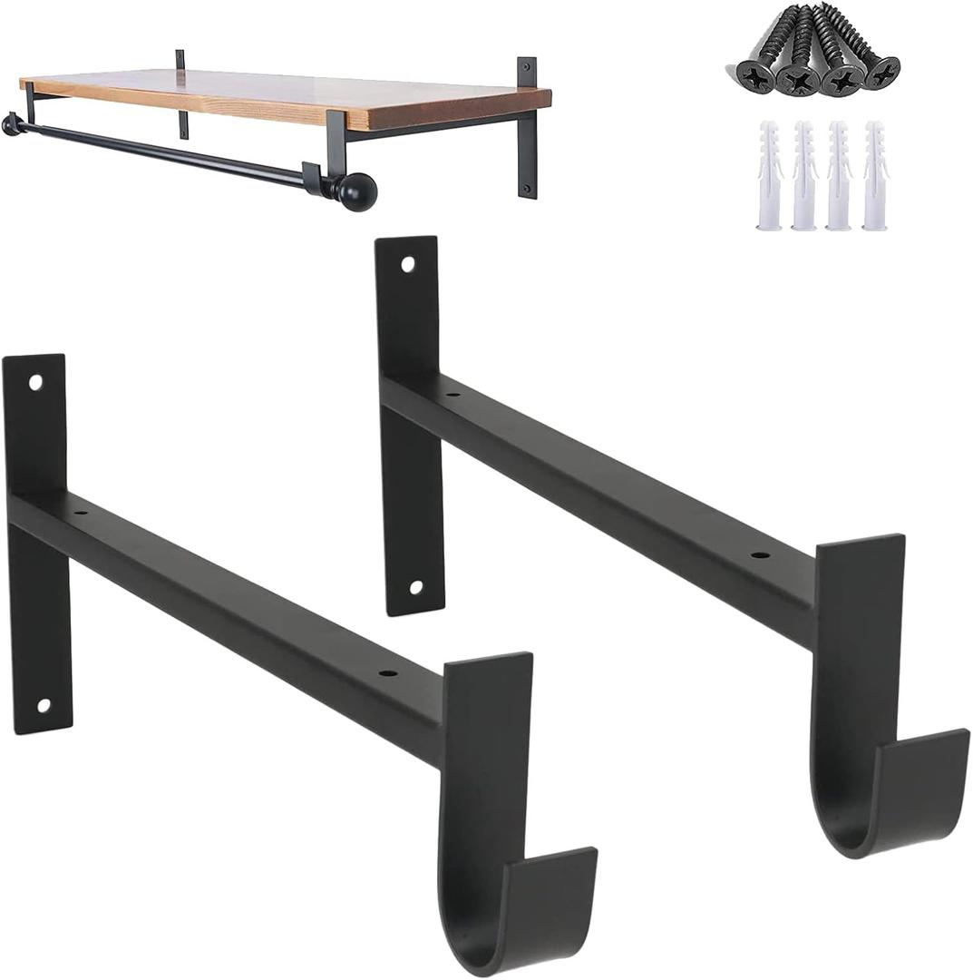 AddGrace Closet Rod Bracket Heavy Duty Shelf Brackets 12 Inch Black Wall Mounted Closet Rod Support with Pole Holder Industrial Iron Shelving Supports with Hook (2 Pack)