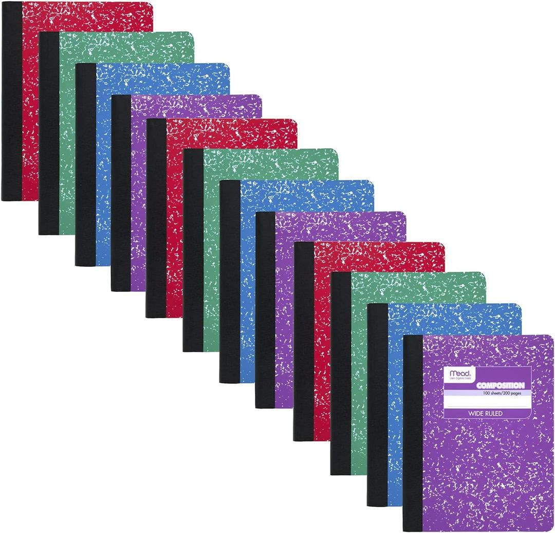 Mead Composition Notebook, 12 Pack, Wide Ruled Paper, 7-1/2" x 9-3/4", 100 Sheets per Comp Book,  (963759)