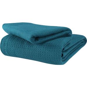 Glamburg 100% Cotton Thermal Blanket, Breathable Waffle Blanket, Queen Size, All Season, Teal (Queen (90"x90"))