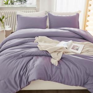 Litanika Grayish Lavender Purple Comforter Set King Size, 3 Pieces Lightweight Solid Bedding Comforter Set, All Season Fluffy Bed Set (104x90In Comforter & 2 Pillowcases)